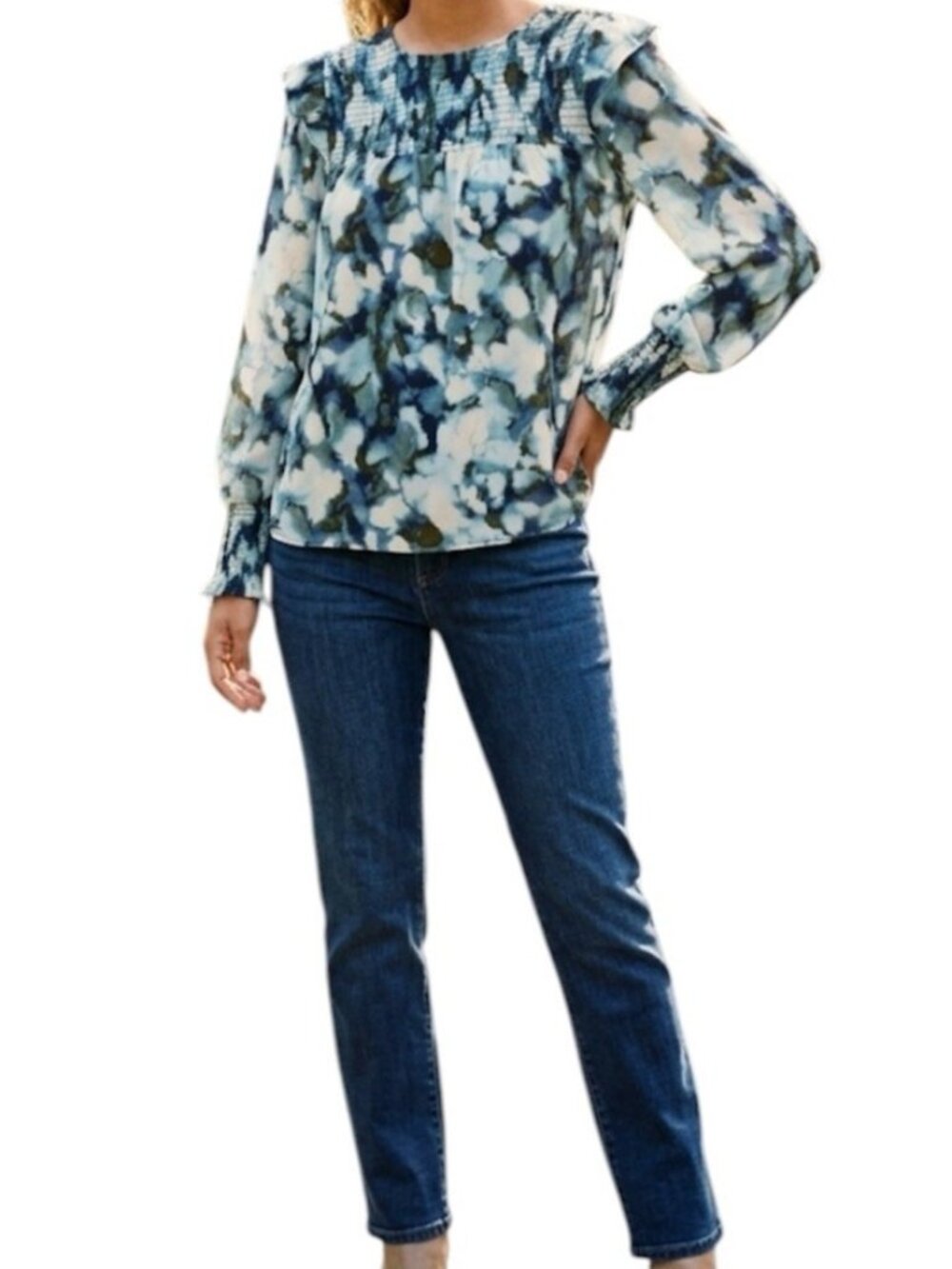 Sharagano Blue Floral Watercolor Boho Chic Career Workwear Blouse Size Small